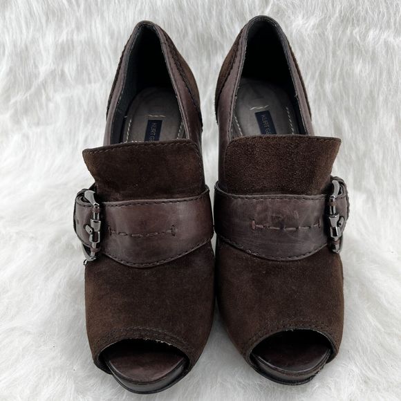 Kurt Geiger Sz 36 US 5.5 Brown Leather Suede Peep Toe 4.5” Stacked Heel Pump - Picture 5 of 16